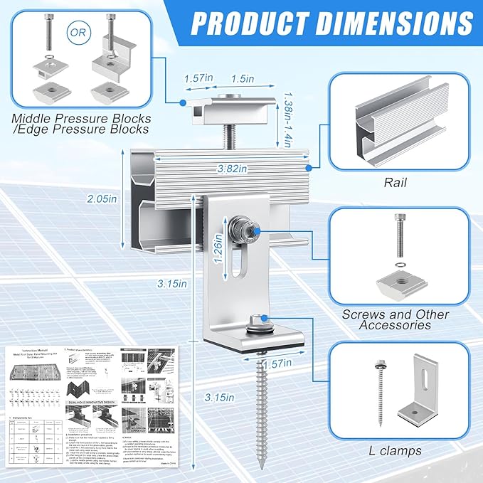 10 Pcs Solar Panel Mounting Brackets Kit for 1-4 Pieces Adjustable Aluminum Alloy Mounting Stand Support Photovoltaic Flat Pitched Roof Bracket for Slate, Tile, Cement, Wooden, Tin Roof