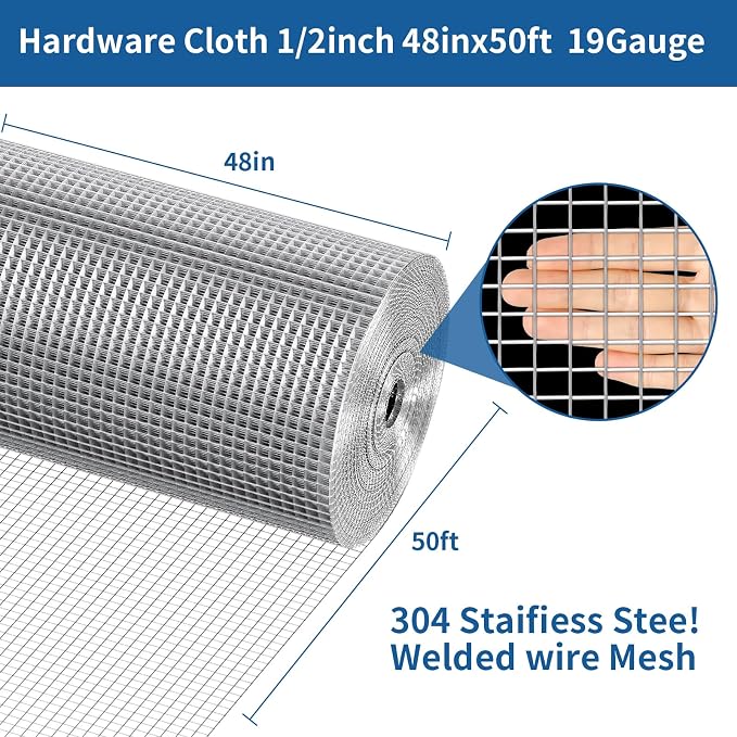 Stainless Steel Welded Wire Mesh, 1/2 inch Hardware Cloth, 19 Gauge Chicken Wire Fence Mesh Cage Poultry Garden Plant Support Containment Fence(48in×50ft)