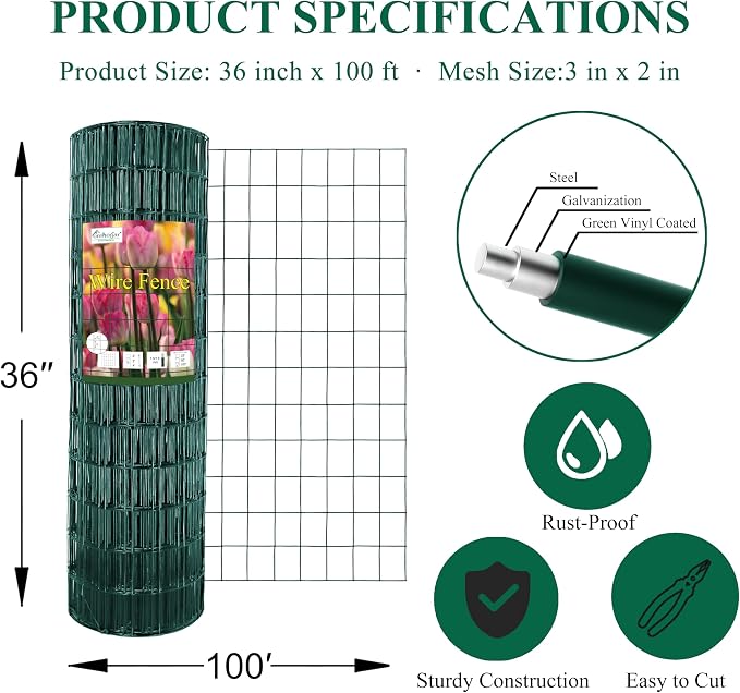 FOREHOGAR Green PVC Coated Welded Wire Fence 36 Inch x 100 Foot, 2 Inch x 3 Inch 16GA, Garden Border Fencing Roll Vinyl Coating Metal Wire Mesh for Yard Vegetable Plant Protection Poultry Netting
