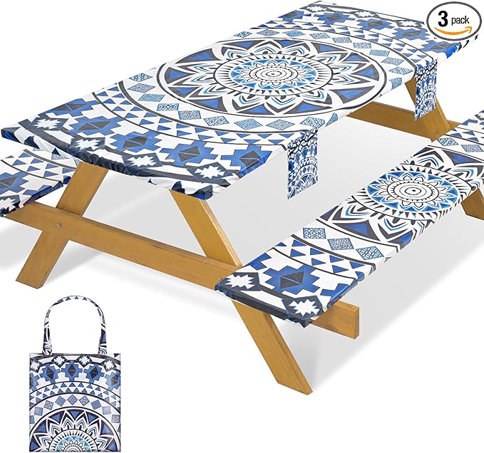 Fitted Waterproof Picnic Table Cover with Bench Covers Elastic 72×30Inch Weather Proof Non Slip Camping Table Clothes for 6Feet Rectangle Tables Campers Summer Fall Travel Hiking Tools Gifts