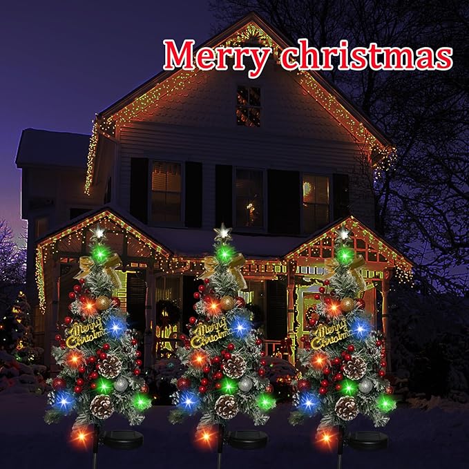 2 Pack Solar Christmas Tree Outdoor Christmas Decorations, 32in 40 Led Light 2 Modes Outdoor Waterproof,Solar Powered XmasTree for Garden Yard Pathway Lawn Cemetery Decoration