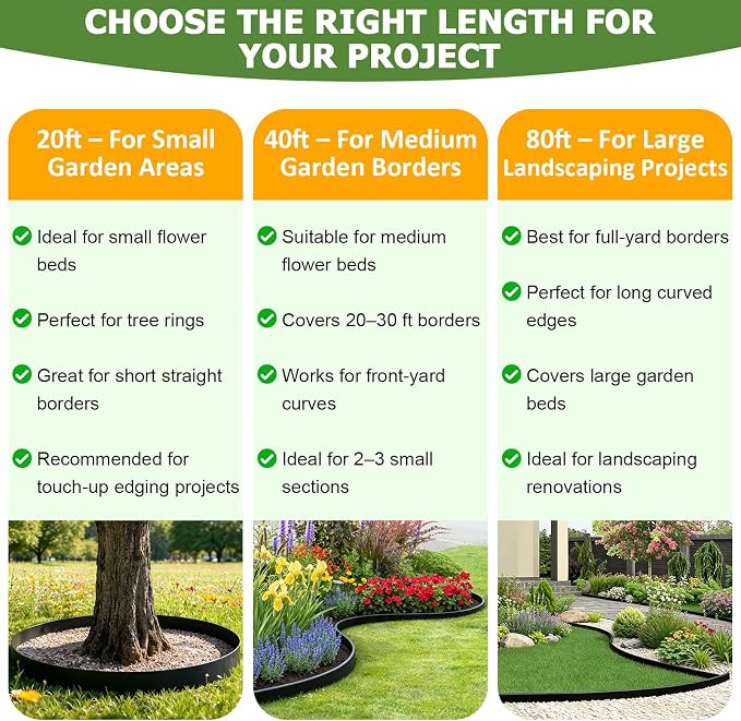 20ft Garden Edging Border, 4 Inches Tall Landscape Edging for Flower Bed Edging & Garden Bed Edging, Flexible Plastic Landscape Border with 25 Metal Stakes for Lawn Edging & Yard Borders