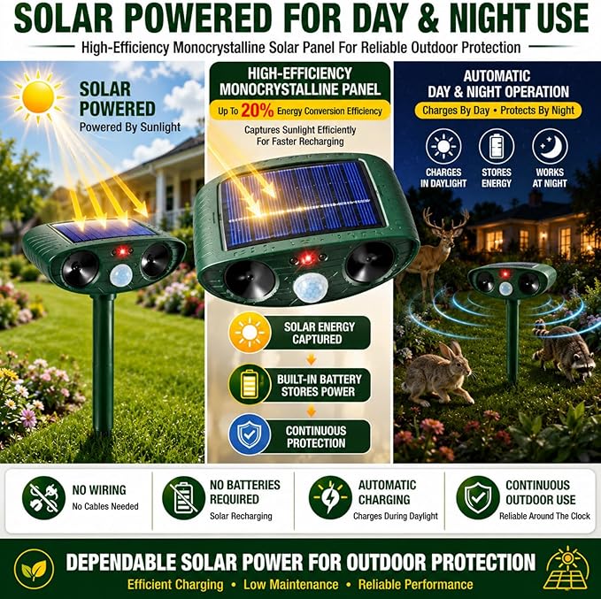 2 Pack Upgraded Sonic Deer Repellent Devices,Solar Ultrasonic Animal Repeller Outdoor for Racoons,Squirrels,Cats,Rabbits,Skunks & Foxes,Waterproof Motion Sensor Animal Deterrent for Garden Yard