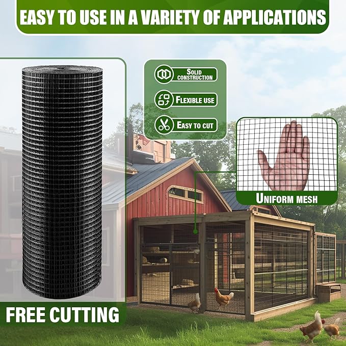 Black Hardware Cloth, 1/2 inch 24 inch x 50ft 19 Gauge Black Vinyl Coated Hardware Cloth, Black Chicken Wire, Black Chicken Wire Fencing for Garden Fence and Home Project by KAKO