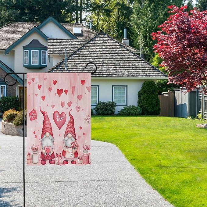 Valentine’s Day Pink Love House Flag 28x40 Inch Double Sided Outside Happy Valentines Gnomes Flowers Red Heart Yard Outdoor Flag Banner for Garden Lawn Patio Holiday Decorations