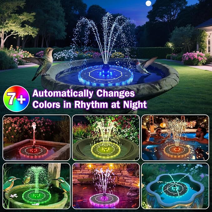 SZMP 3.5W Solar Fountain for Bird Bath with 2000mAh Battery & 3D Color Changing LED Light, Anti-Drift Fixer & 8 Nozzles, Solar Powered Water Fountain Kit for Garden, Patio, Pond