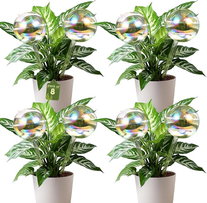VZZNN 8 Pack Rainbow Glass Plant Watering Globes - Self Watering Planter Insert, Plant Watering Devices for Water Plants While Away, Indoor Outdoor Automatic Slow-Release Watering Bulbs