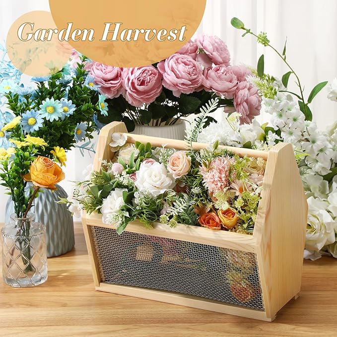 Colingmill Garden Harvest Basket Large Vegetable Garden Harvesting Basket Veggie 12 x 10 x 7.5 Inch Mesh Gardening Hod with Wood Handle for Flower Fruit Gathering Supply Gift for Mom Women Gardener