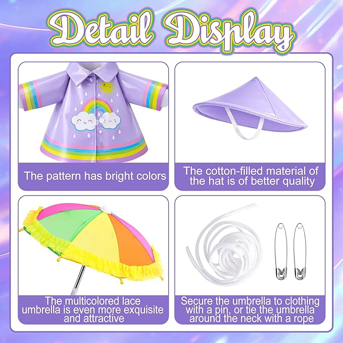 DECOHS 3 Pcs/Set Raincoat Porch Goose Outfits, Summer Lawn Goose Statue Raincoat Costume, Yard Goose Clothes Raincoats Umbrella Hat Outfit for 23" Statue Patio Garden Decoration (Purple Rainbow)