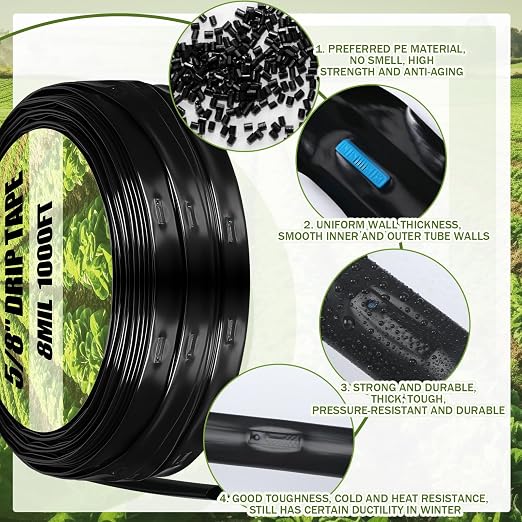 Tondiamo 500' 5/8 Inch Drip Tape Irrigation Tubing Kit 16 Mil 6" Spacing Garden Hose Watering Tube Line Automatic Equipment for Garden Irrigation System Farms, Landscape, Lawn