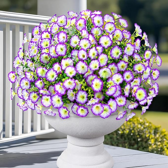 Yastouay Artificial Flowers for Outdoors, 14 Bundles Fake Outdoor Flowers, UV Resistant Artificial Plants & Flowers for Decoration, Purple/White Realistic Morning Glory for Outdoor Porch Garden