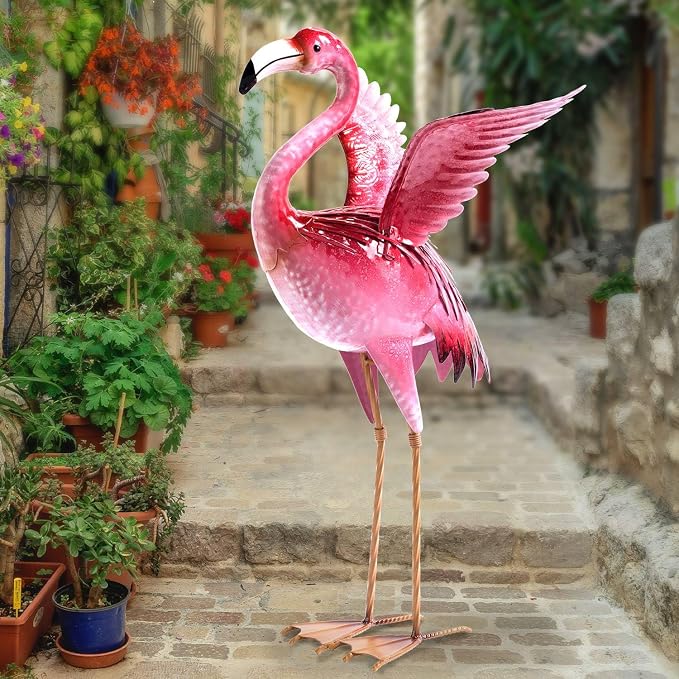Natelf Garden Flamingo Statue and Sculptures, Outdoor Metal Bird Statues Yard Art, Pink Flamingos Lawn Ornament for Patio Backyard Porch Decorations