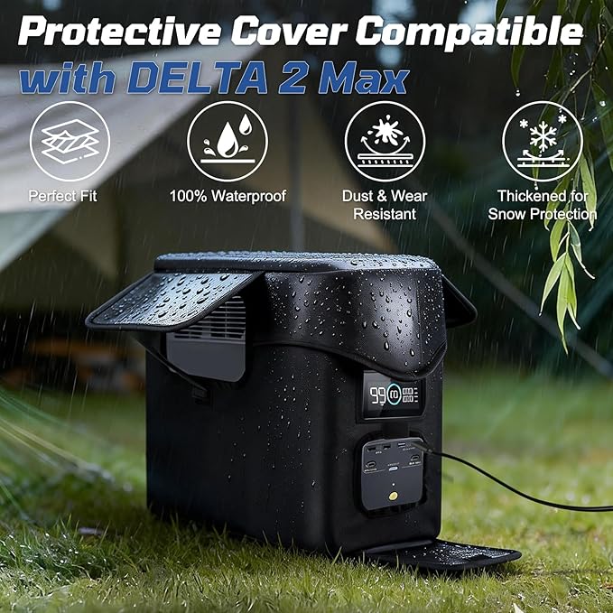 Heavy-Duty Protective Cover Compatible with EcoFlow DELTA 2 Max & Extra Battery, 1680D Waterproof Dustproof Storage Case with Side Accessory Pocket, Precision Fit for Outlets & Ventilation (Black)