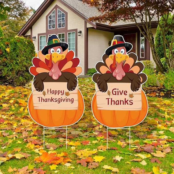 Large Thanksgiving Yard Signs 2pc with Stakes Turkey Pumpkins Give Thanks Happy Thanksgiving Decorations Outdoor Harvest Garden Signs Seasonal Holiday Party Supplies Lawn Yard Decorations