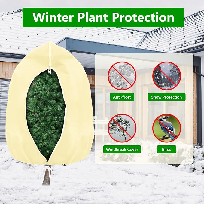 4-Pack Plant Covers Freeze Protection, Round Frost Blankets for Outdoor Plants (32"x48") – Winter Plant Covers, 2.4oz/yd² Frost Cloth Plant Protection for Trees, Shrubs & Potted Plants (Beige)