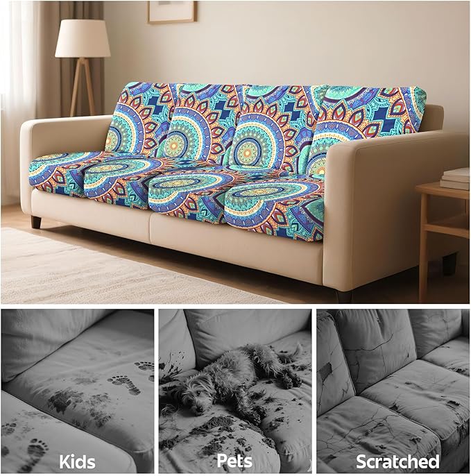 pickyNproud 8Pcs Patio Cushion Covers Stretch Outdoor Couch Cushions Slipcovers Replacement Washable Furniture Protector with Elastic Bottom Sofa Chair Seat Cover, Tangerine Mandala
