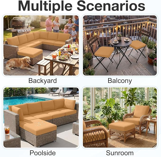 hyha Waterproof Outdoor Cushion Covers for Patio Furniture, Stretch Patio Chair Cushion Slipcovers, Coated UV Resistant Replacement Seat Covers, Solid Color (Camel, 12PC)