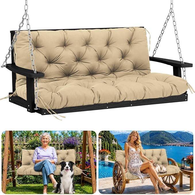 Porch Swing Cushions 48 inch Waterproof & Fade Resistant Thicken 5" Outdoor Swing Cushions 2 Seater Replacement with Backrest & Ties Patio Swing Cushions for Outdoor Furniture (Khaki)