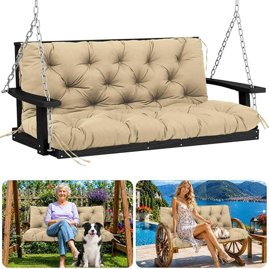 Porch Swing Cushions 48 inch Waterproof & Fade Resistant Thicken 5" Outdoor Swing Cushions 2 Seater Replacement with Backrest & Ties Patio Swing Cushions for Outdoor Furniture (Khaki)