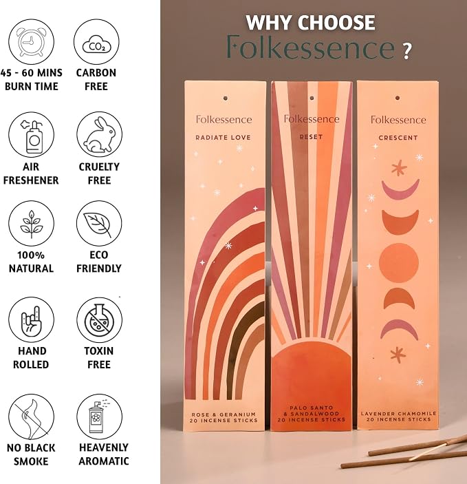 Folkulture Incense Sticks (120 Sticks) | Set of 6 Premium Incense for Graduation Gifts, Meditation, Aromatherapy | No Charcoal, Non Toxic, 45 Mins, Long Burning Palo Santo,Sandalwood Insence-Sticks