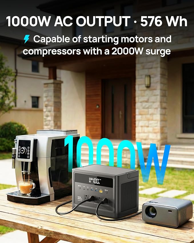 2026 Portable Power Station 1000W (Surge 2000W), 576Wh LiFePO4 Battery Solar Generator, Power Bank 110V Pure Sine Wave AC Outlet with PD 100W USB-C Fast Charging for Home Use, Hurricane Emergency, RVs