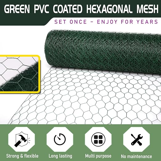 36in×150ft Chicken Wire Roll Hexagonal Netting Galvanized PVC Coated 1in Mesh Garden Poultry Fencing Barrier Animal Plants Hardware Cloth Crafts for/Rabbit/Floral/Chicken Coop/DIY Projects
