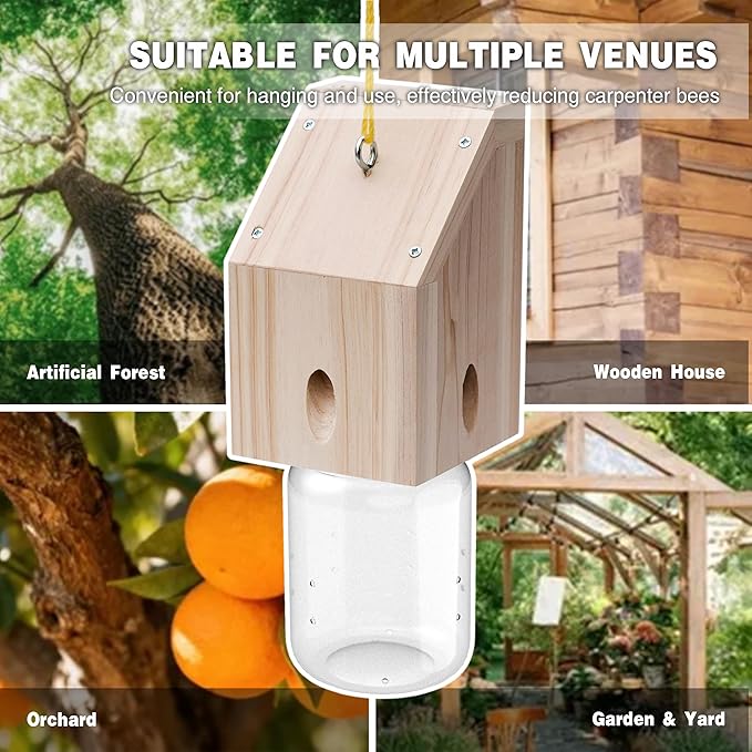 Carpenter Bee Trap for Outside - Shed Style Nature Hanging Wood Trap for Outdoor with Removable Bee Vault Plastic Jar (2 Pack)
