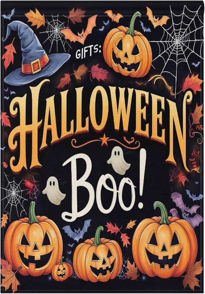 Halloween Ghost Boo House Flag 28x40 Inch Double Sided Outside Witch Bat Pumpkin Spider Web Fall Seasonal Yard Outdoor Flag Banner for Garden Lawn Patio Holiday Decorations