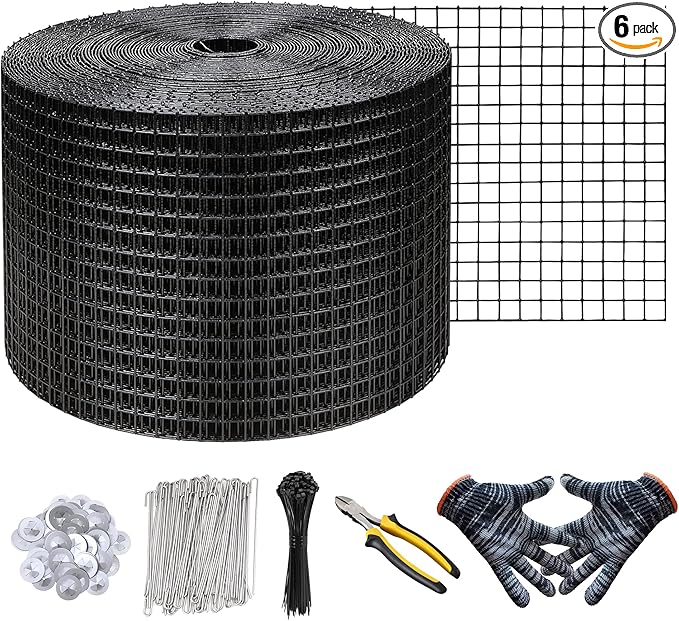 KASTLITE Solar Panel Bird Guard Mesh Kit - 6in x 100ft PVC Coated Galvanized Wire Screen, 100 Stainless Clips, Pliers & Gloves - No Drill Critter Shield, Rodent Barrier Fence for Under Panels, Black