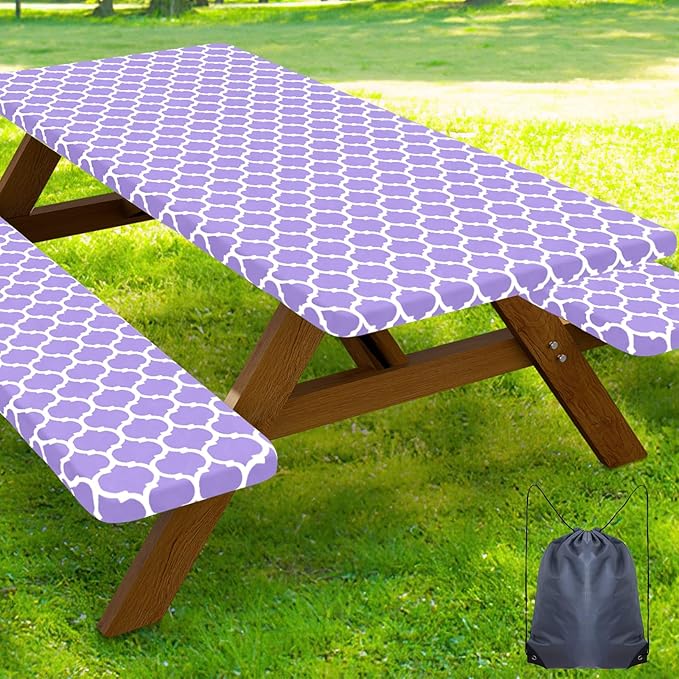 Smiry Picnic Table Cover with Bench Covers, Waterproof Elastic Fitted Tablecloth for 8 Foot Tables, Washable Polyester Tablecloths for Camping, Indoor & Outdoor (Lavender, 30x96 Inch 3-pc Set)