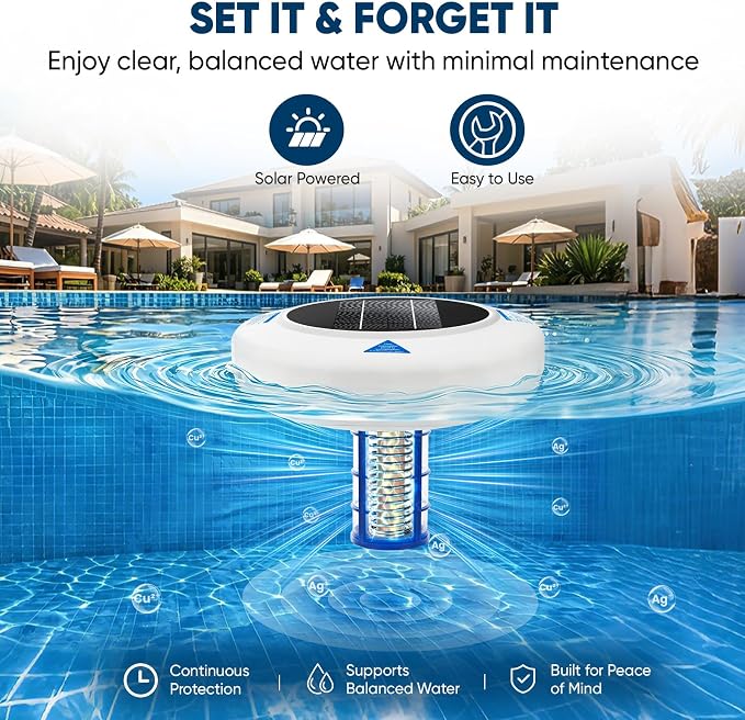 New Upgraded Solar Pool Ionizer for Above Ground & Inground Pools Up to 45,000 Gallons, Floating Solar Pool Cleaner with Copper Anode, Low Maintenance Pool Water Clarifier for Clear Pool Water