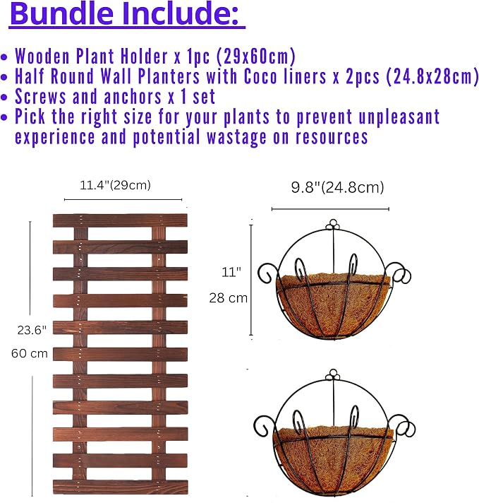 ShopLaLa Bundle - Wooden Plants Holder + 2 Hanging Baskets with Coco Liners Wall Mounted Plant Flower Baskets Vertical Garden Wall Decor LaLaGreen