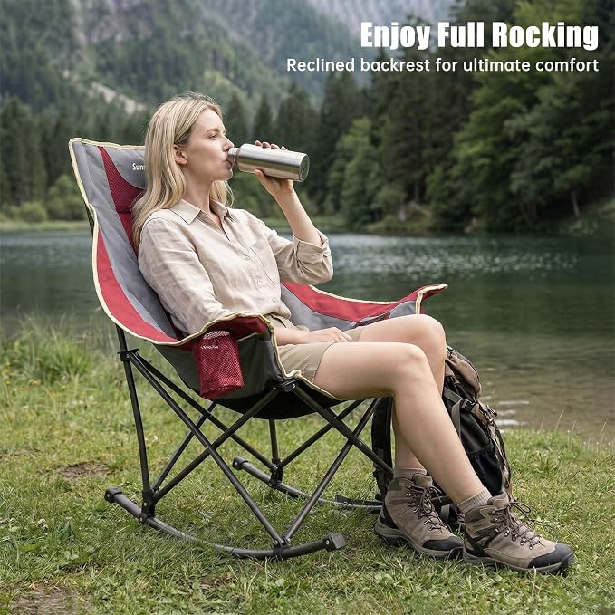 SUNNYFEEL Rocking Camping Chair Fully Padded Patio Folding Chair Portable Oversized Outdoor Rocker High Back Lawn Recliner with Side Pocket Camp Rocker Chairs for Adults Heavy Duty 500 LBS Red