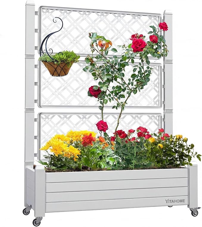 YITAHOME 43.3x17.7x61 in Planter Boxes Outdoor with Trellis, Resin Raised Garden Bed with Wheels & Drain Plug for Climbing Plants, Weather-Resistant Design Elevated Garden Bed with Trellis, White