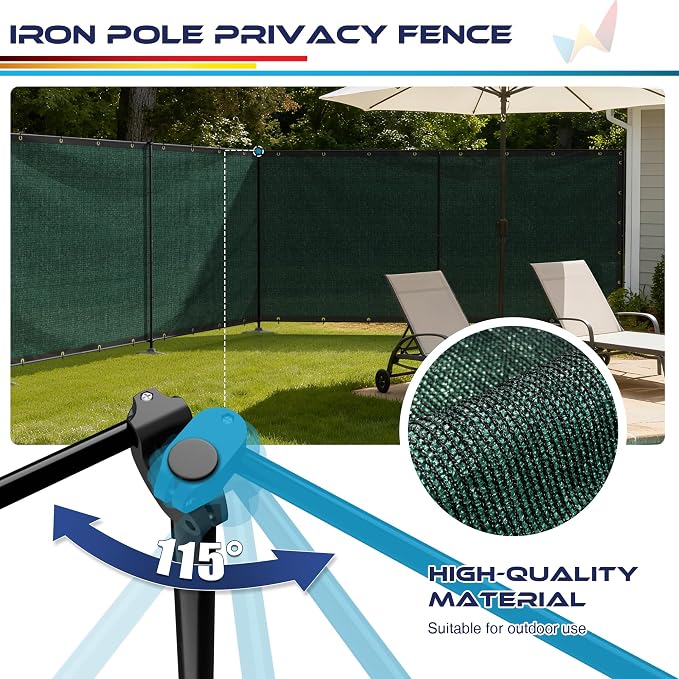 Windscreen4less Outdoor Privacy Fence Screen, 6'x122' Freestanding Privacy Fencing Set with Iron Poles and Ground Spikes, UV Resistant Mesh Cover Garden Pet Fencing for Backyard Patio Pool, Green