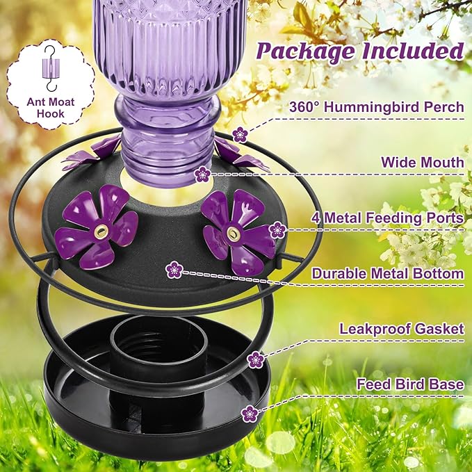 FEED GARDEN Glass Hummingbird Feeder 16 oz Hanging Outdoor Feeder with Bee-Proof Ports, Ant Moat, Leakproof, Easy to Clean & Refill, 360° Perch, Purple