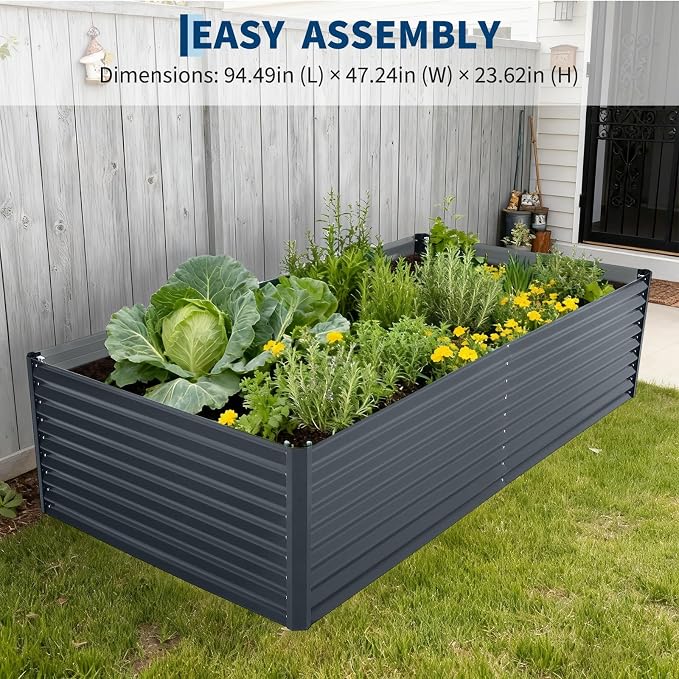 Garvee Galvanized Raised Garden Bed Large Rectangular Kit with Cover Zippered Screen Doors, Open Base Design, Thick Steel, Easy Assembly, Planter Box for Vegetables, Flowers (Grey, 8x4x2 ft)
