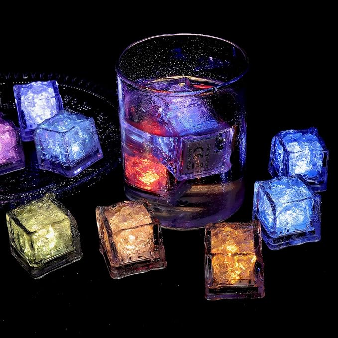 24 Pcs Light Up Ice Cubes - Waterproof LED Ice Cubes with Liquid Sensor and Color Changing Effect for Party, Bar, Wedding Decor - Multi Color