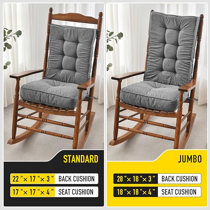 SUNROX Memory Foam Non Slip Rocking Chair Cushion, FadeShield Water Resistant Thicken Durable Tufted Pads, Set of Seat & Back Cushion with Ties for Indoor/Outdoor Rocker, 2 Piece, Heather Charcoal