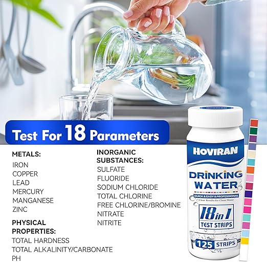 125 ct Drinking Water Test Strips - Home, Well Water Testing Kit for Lead, Hardness, Iron, Copper, Heavy Metals, Chlorine, Nitrate