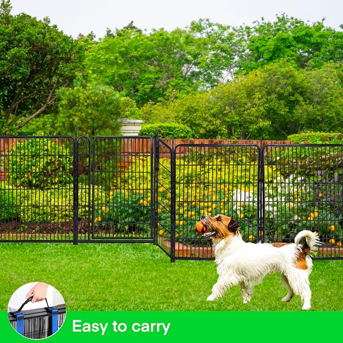 Dog Fence Outdoor for Yard, Garden Fencing 48 inch High, 8 Panels Total 17.7 Ft Garden Fence Animal Barrier, 21 in Wide Low Threshold Gate Dog Fence, Temporary Fencing for Yard Patio