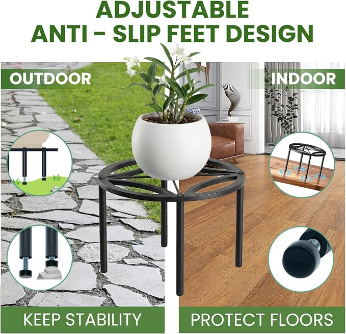 TOSKING Heavy Duty Metal Plant Stand – 120 lbs Capacity, 10.2" Modern Geometric Pattern Round Stand for Medium to Large Pots, 4 Adjustable Feet & Rustproof, Indoor/Outdoor, Black (10.2" D x 7.9" H)