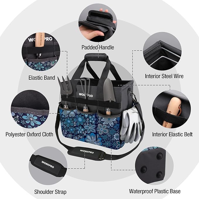 WORKPRO Garden Tool Bag Organizer, Heavy Duty Gardening Tote Bag, 10 Pockets Design with Long Adjustable Shoulder Strap, Standable Garden Home Tool Kits Organizer, Floral Blue (Tools are not Included)