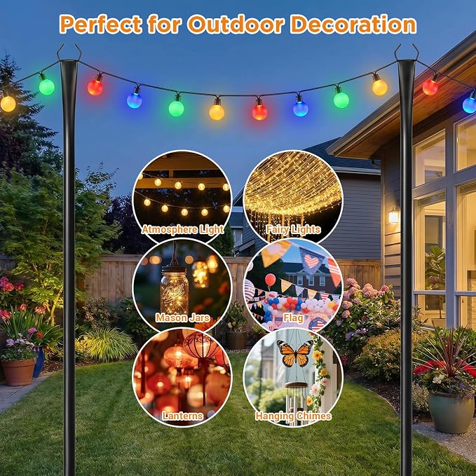 10FT String Light Poles, Heavy Duty Outdoor Light Pole Stand, 5-Prong Reinforced Steel Base, Anti-Rust, for Patio Garden Deck, Support Bistro & Edison Bulb Lights (6 Pack)