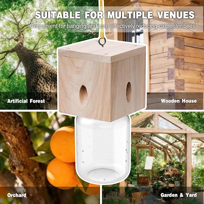 1 PCS Wood Carpenter Bee Trap for Outside - Best Bee Trap - Cube Style Nature Hanging Carpenter Bee Traps Plastic Jar Outdoor - Insect Traps