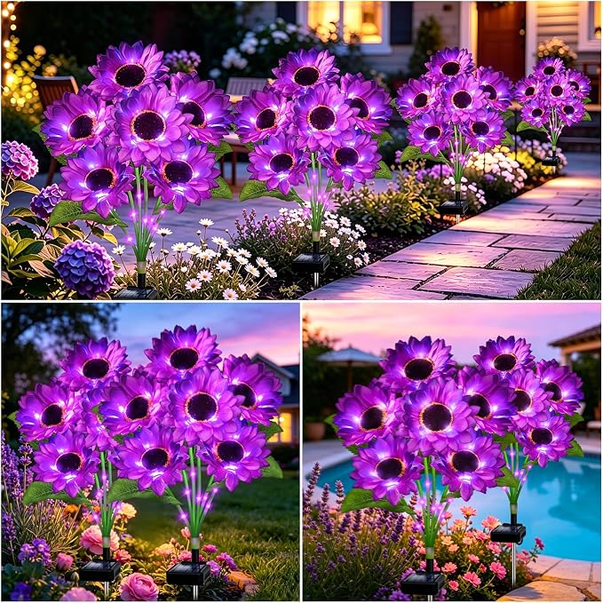VOOKRY Solar Garden Lights Outdoor, 4 Pack Purple Sunflower Lights with 24 Flowers, Waterproof Summer Garden Decor Solar Flowers for Yard Backyard Patio Flowerbed Yard, Gift for Mom Women