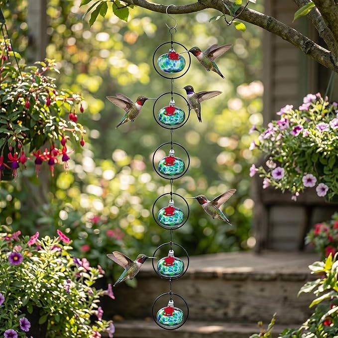 QFkris Set of 6 Blown Glass Hummingbird Feeder for Outdoors Hanging, Small Hummingbird Feeder with Flower Feeding Ports for Outside Garden Backyard Decor, Gardening Gifts for Women Mom(Green)