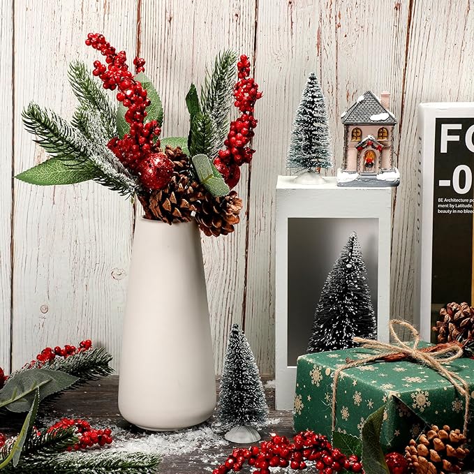 Boao 12 Pieces Glittery Pine Snowy Flower Picks Artificial Holly Red Berry Pine Cone Picks Fake Berries Pine Cones for Christmas Crafts Party Festive Home Decor (Glitter Sequins Style, 11 Inch)