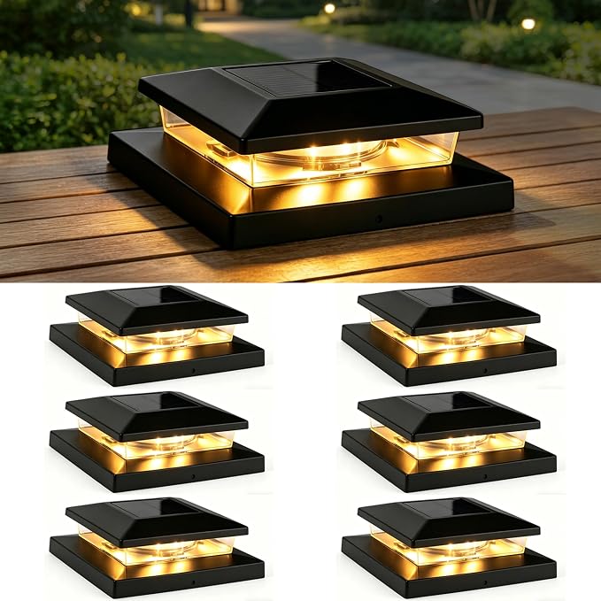 TW SHINE Solar Post Cap Lights Outdoor, 6 Pack Waterproof Solar Powered Deck Fence Post Lights, Warm White Post Light for Garden Patio Porch for 4x4, 5x5 or 6x6 Wooden Posts