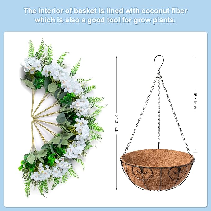 Ammyoo Artificial Flowers in Hanging Basket Planter for Home Spring Summer Decoration, Silk Hydrangea Outdoor Indoor Arrangements, 12" Metal Coconut Lining Basket with Faux Plant(Light Green)
